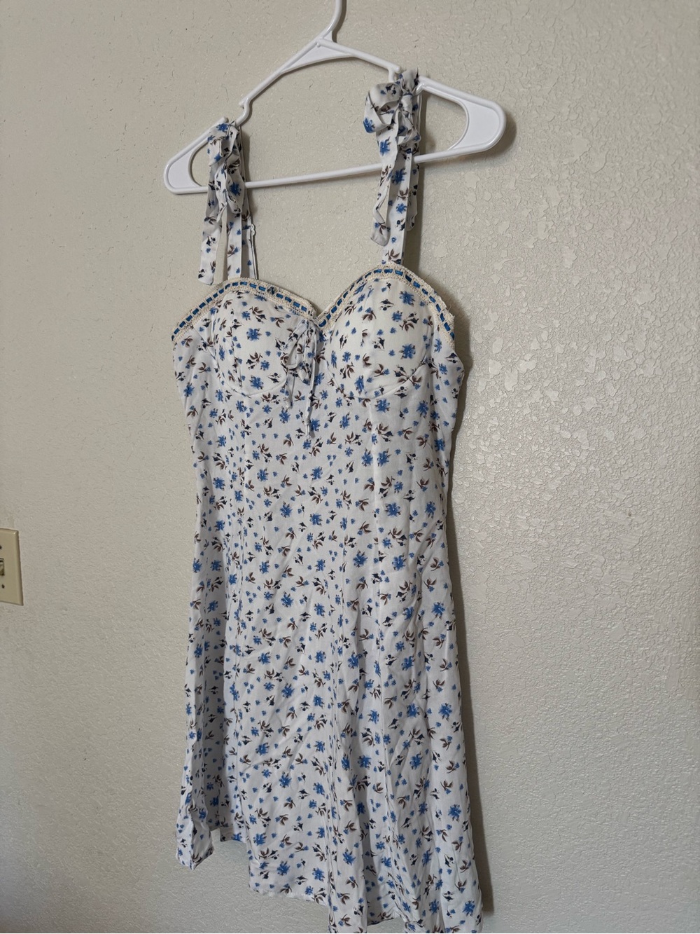 White & Blue Floral Tie-Shoulder Mini Dress